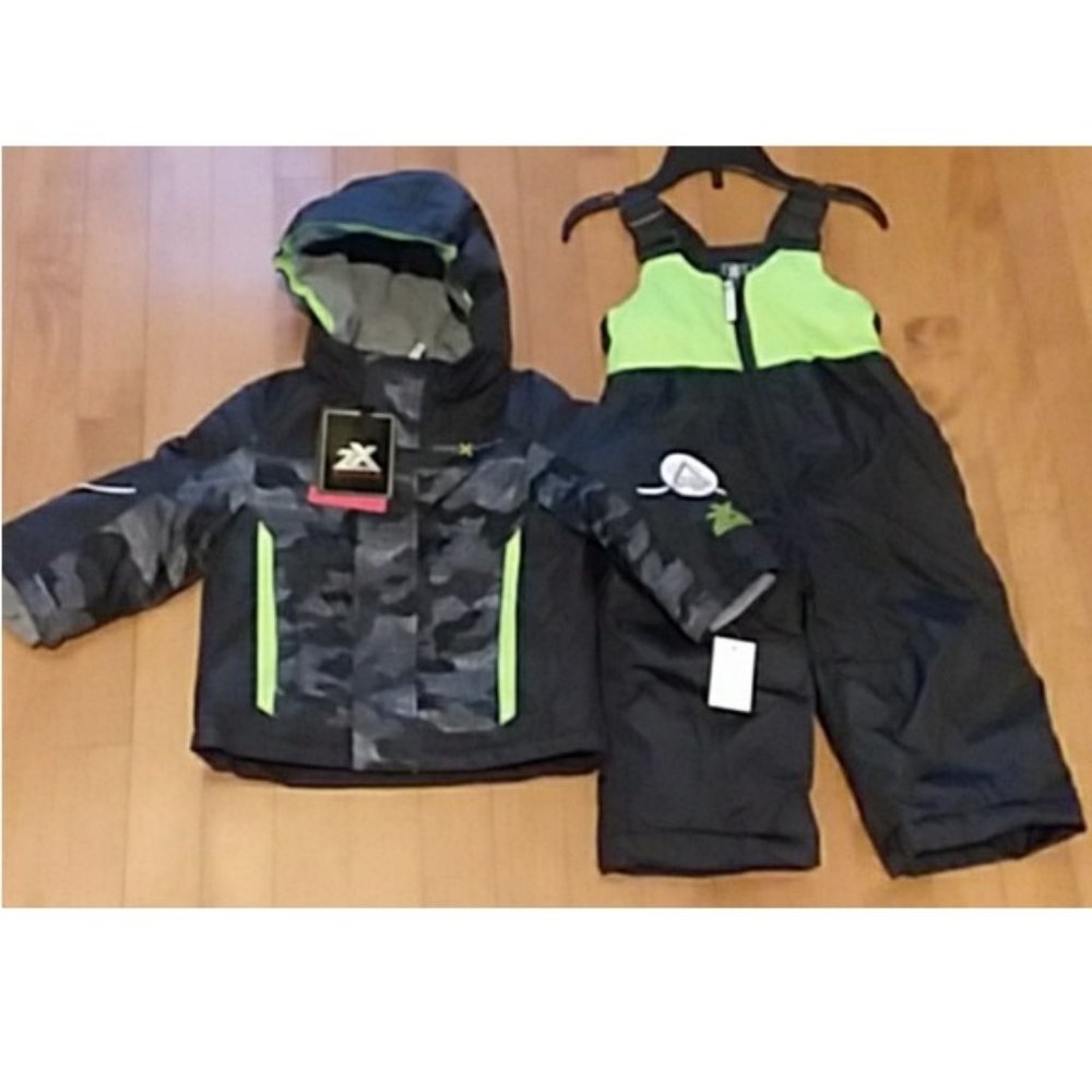 ZeroXposur Boys Black Gray Camo Jacket with Neon Green Bib Snow Pants